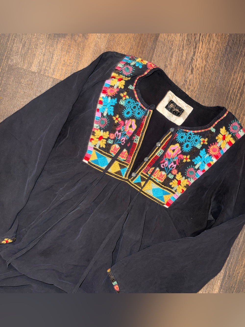 Black Boho Embroidered Tunic with Multicolor Floral Panels